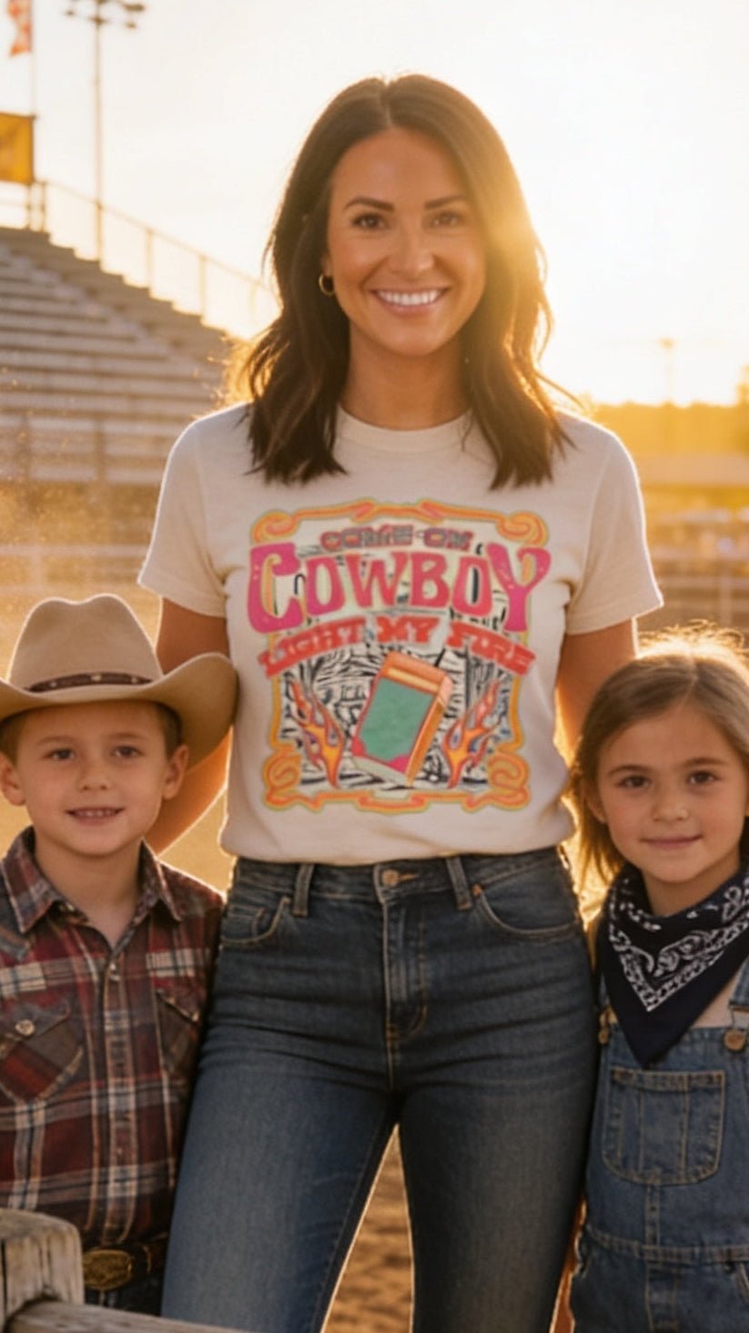 "Come on Cowboy, Light My Fire" Retro Western Graphic Tee — Off-White Jerzees Vintage Cowboy Core - Rooted & Reckless Co.