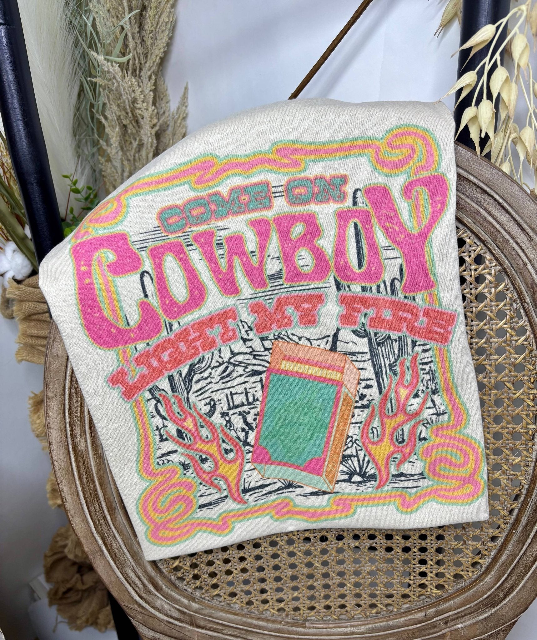 "Come on Cowboy, Light My Fire" Retro Western Graphic Tee — Off-White Jerzees Vintage Cowboy Core - Rooted & Reckless Co.