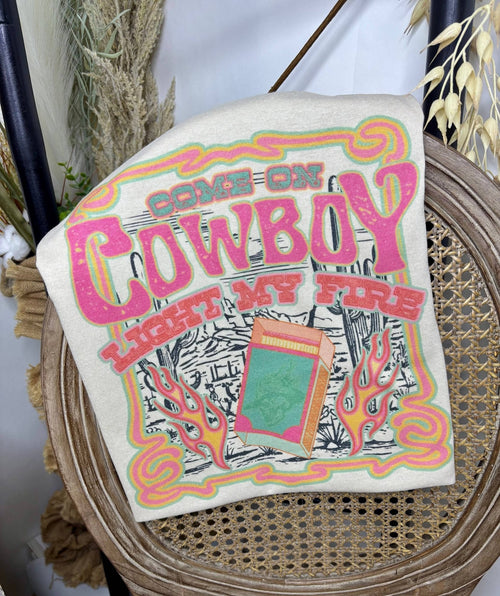 "Come on Cowboy, Light My Fire" Retro Western Graphic Tee — Off-White Jerzees Vintage Cowboy Core - Rooted & Reckless Co.