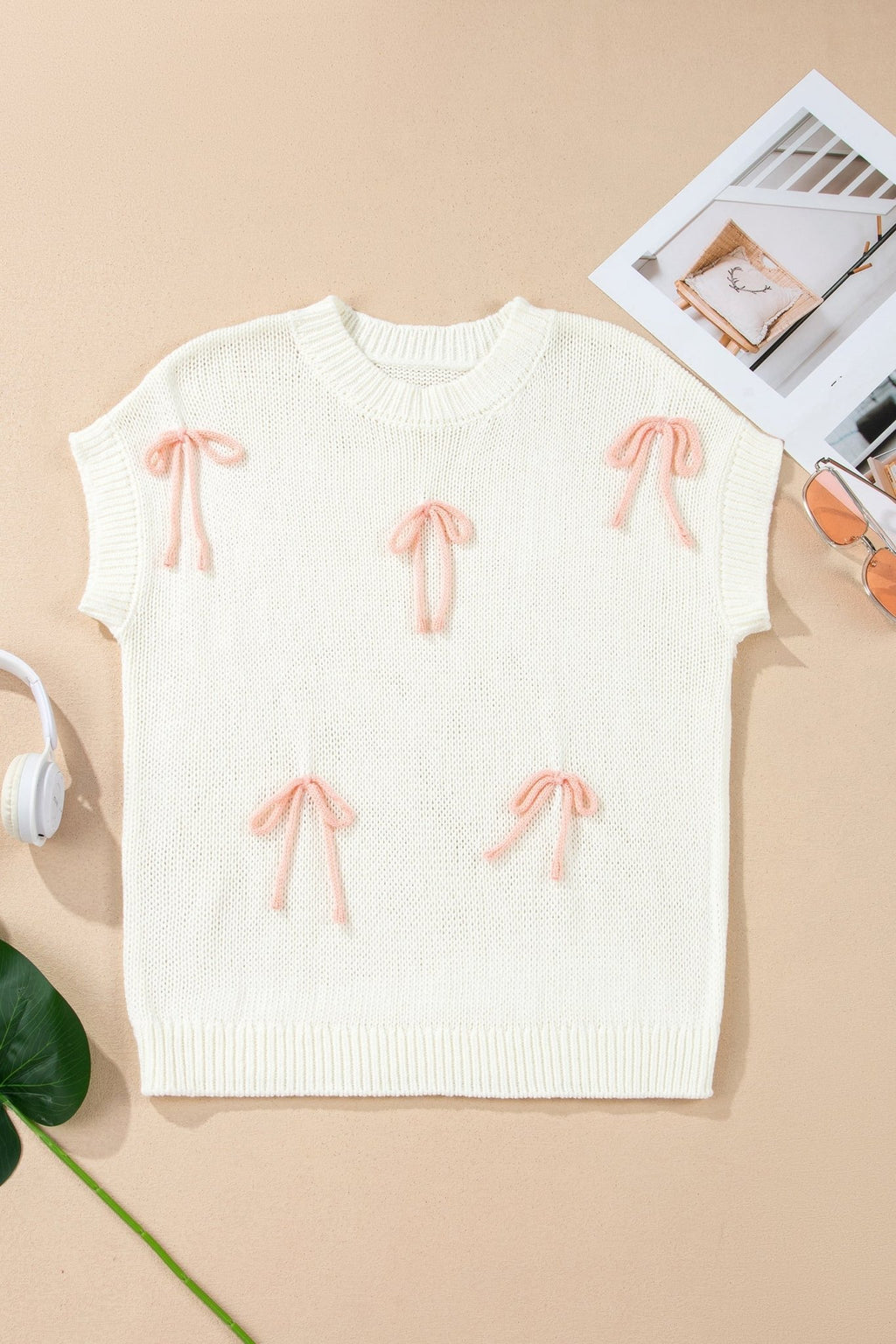 Contrast Bow Tie Short Sleeve Knit Sweater - Rooted & Reckless Co.