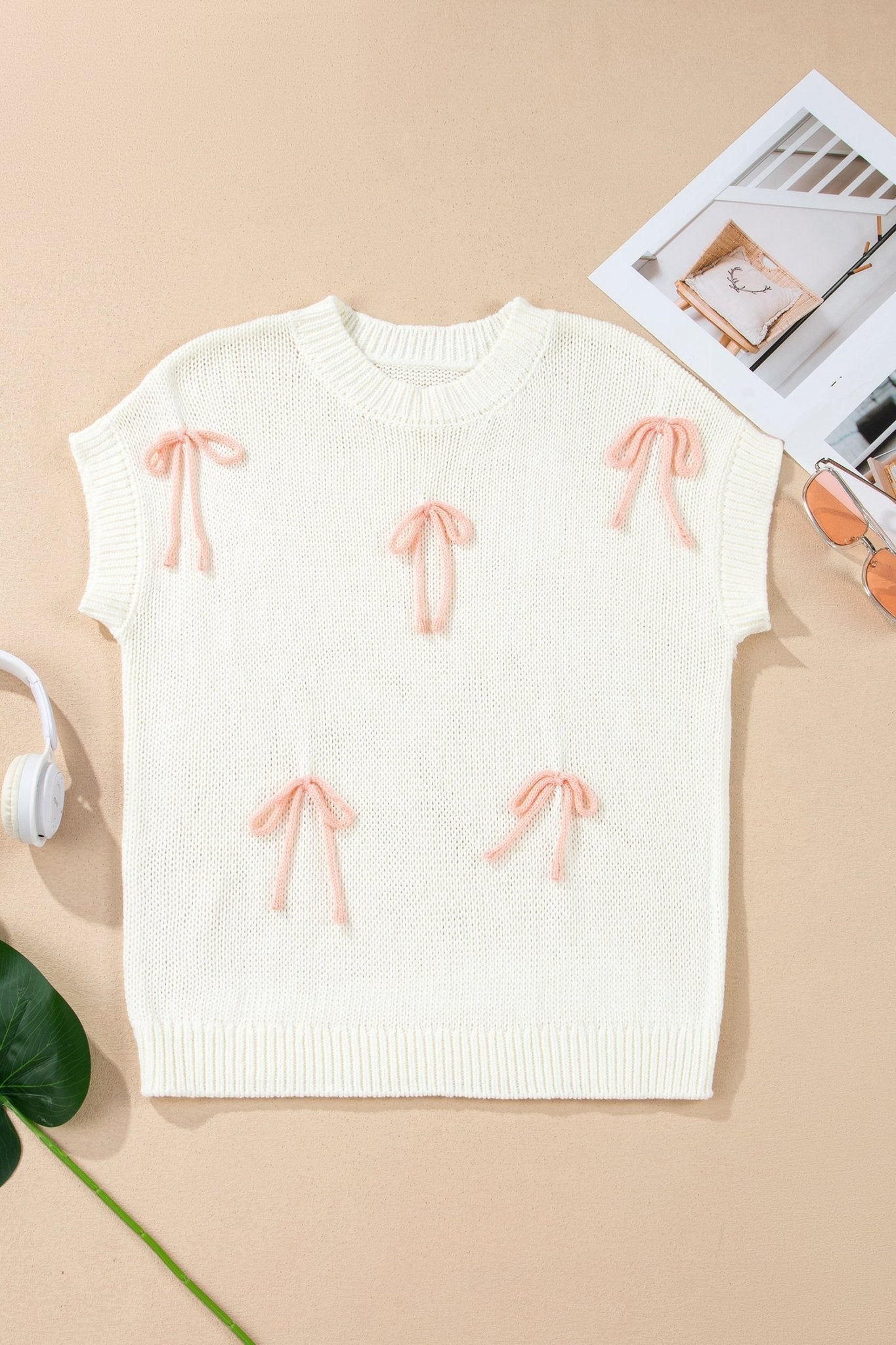 Contrast Bow Tie Short Sleeve Knit Sweater - Rooted & Reckless Co.