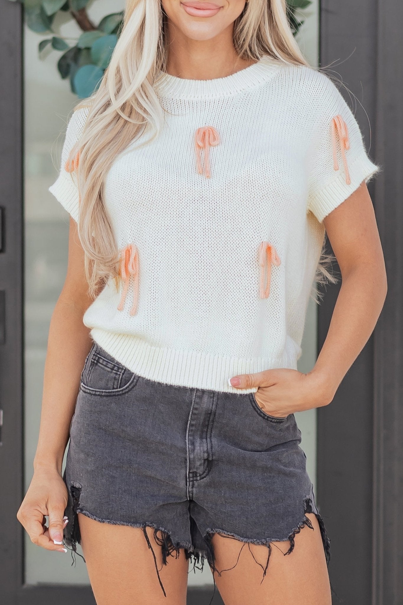 Contrast Bow Tie Short Sleeve Knit Sweater - Rooted & Reckless Co.