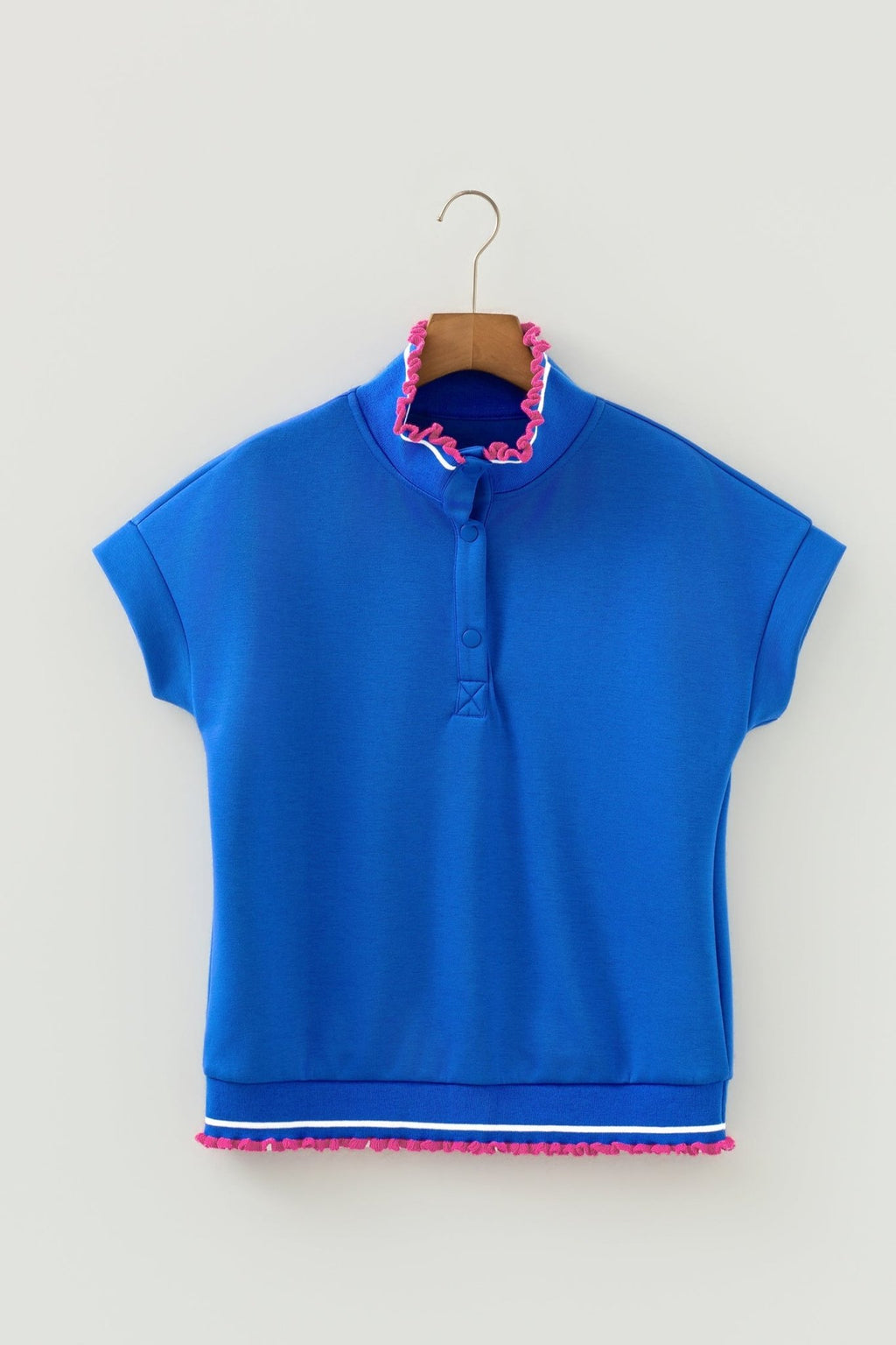 Contrast Frilled Trim Buttoned Collar Short Sleeve Top - Rooted & Reckless Co.