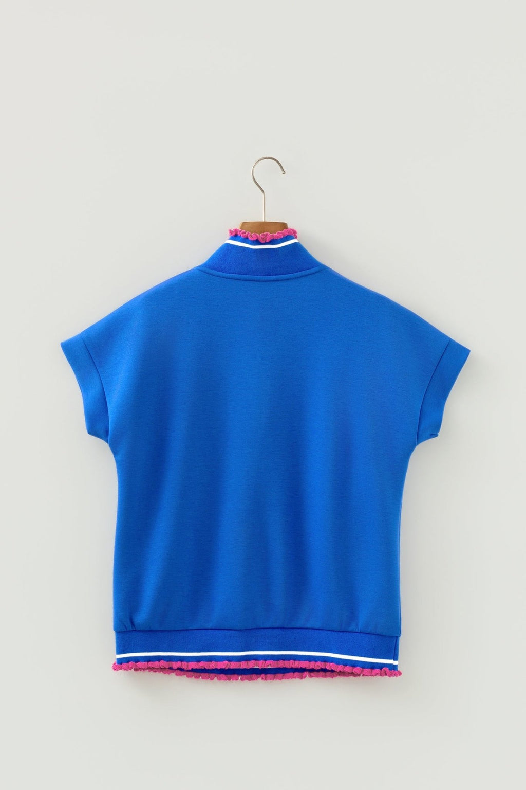 Contrast Frilled Trim Buttoned Collar Short Sleeve Top - Rooted & Reckless Co.
