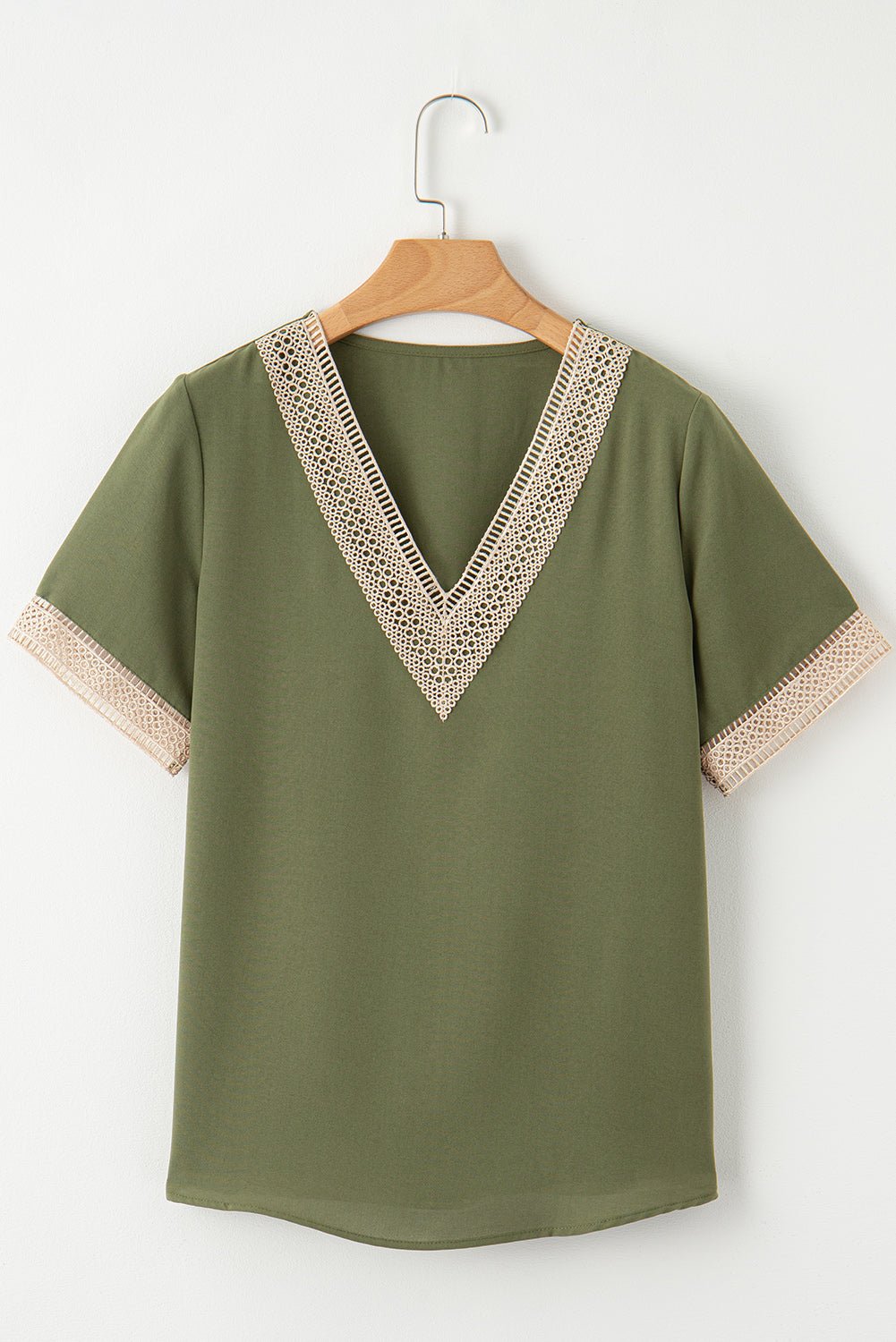 Contrast Lace Trim V-Neck Short Sleeve Blouse - Rooted & Reckless Co.