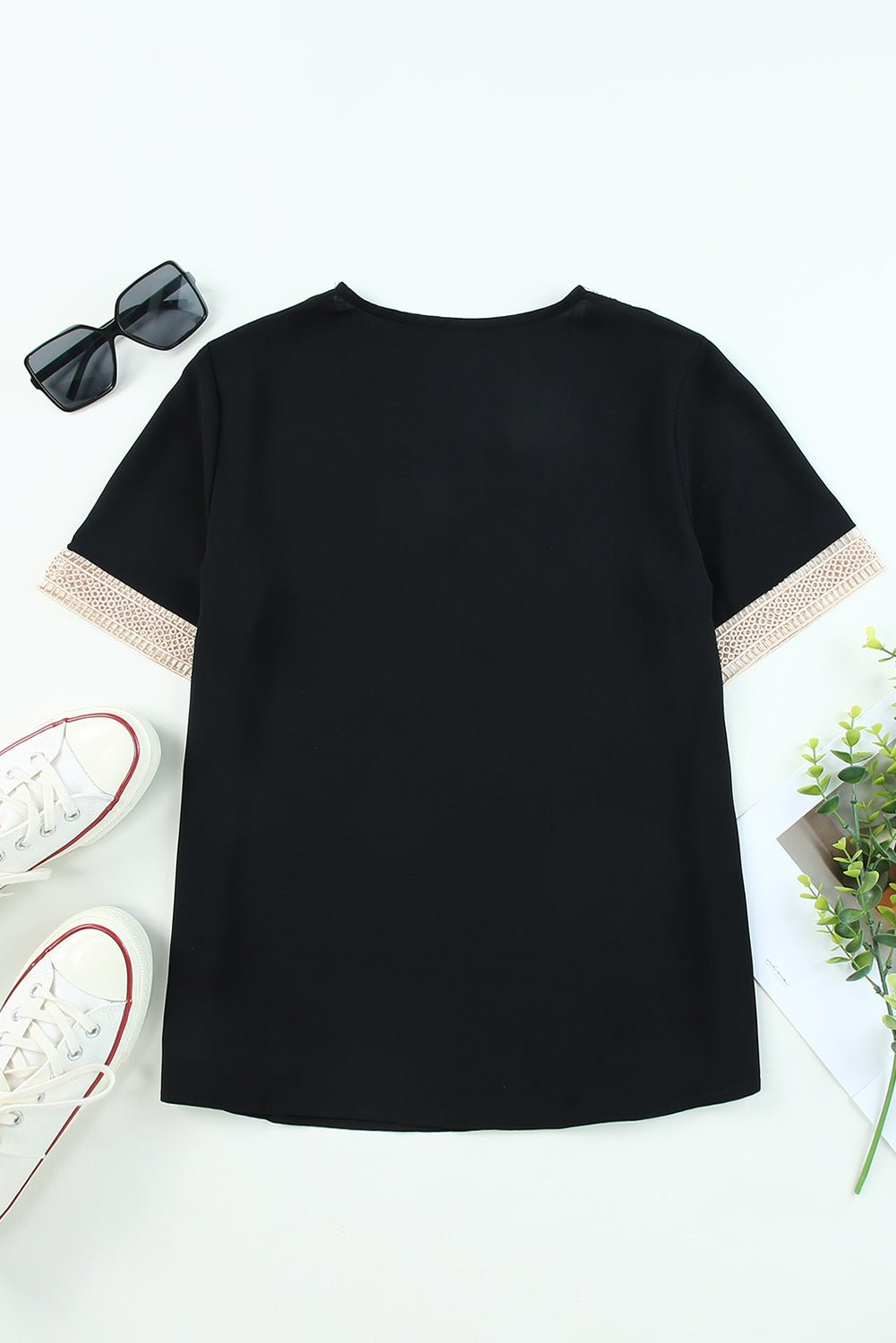 Contrast Lace Trim V-Neck Short Sleeve Blouse - Rooted & Reckless Co.