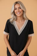 Contrast Lace Trim V-Neck Short Sleeve Blouse - Rooted & Reckless Co.
