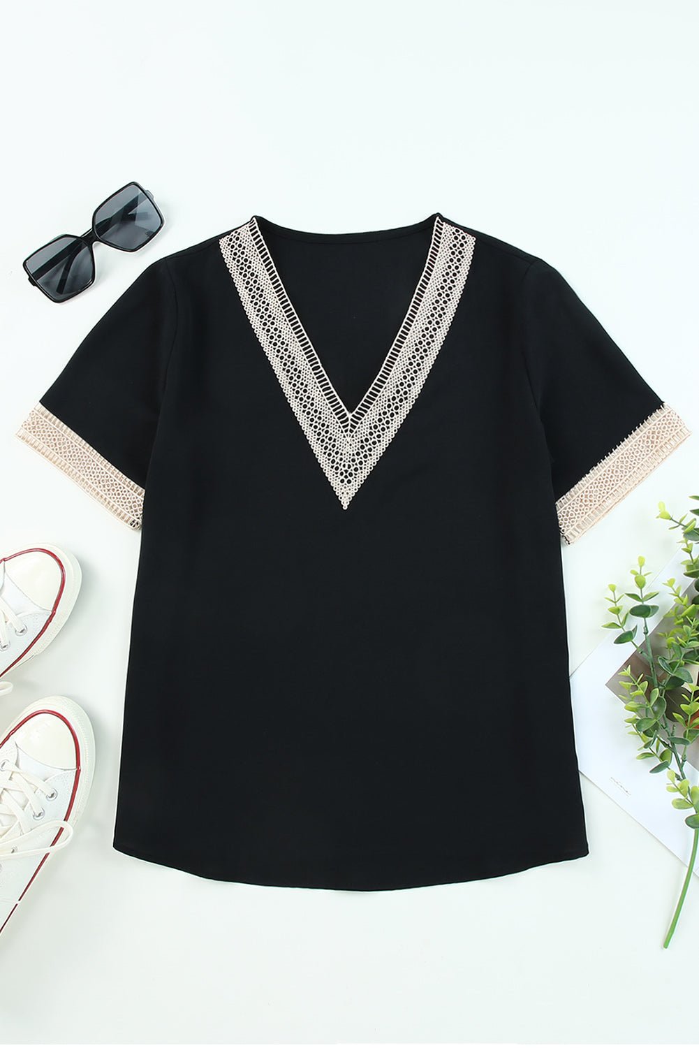 Contrast Lace Trim V-Neck Short Sleeve Blouse - Rooted & Reckless Co.