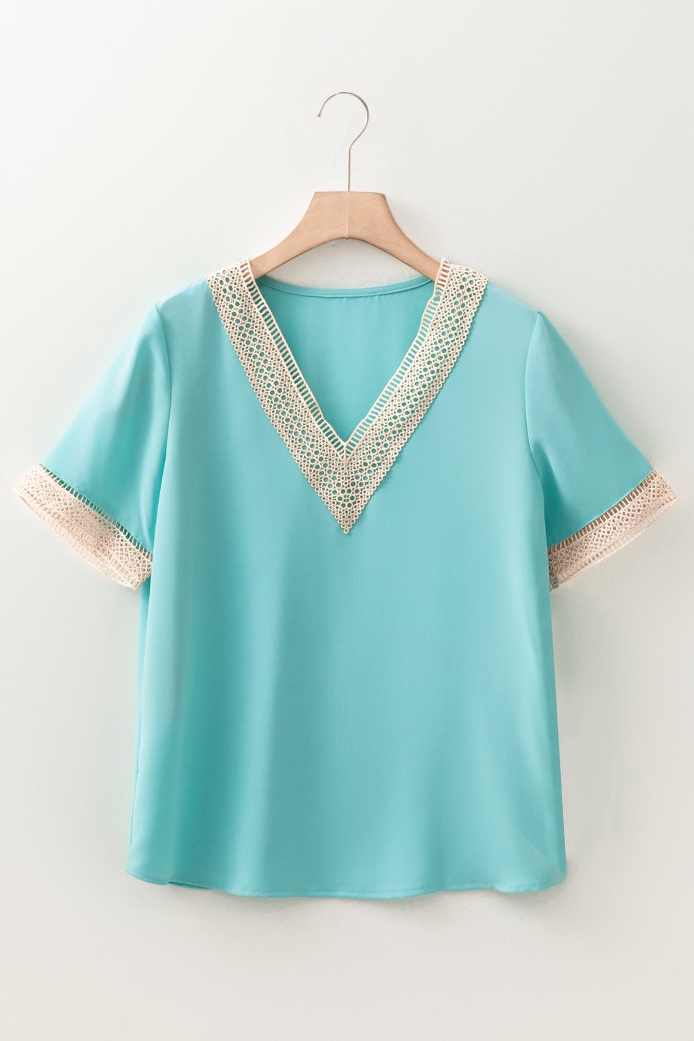 Contrast Lace Trim V-Neck Short Sleeve Blouse - Rooted & Reckless Co.