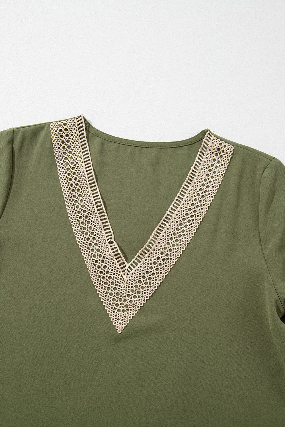 Contrast Lace Trim V-Neck Short Sleeve Blouse - Rooted & Reckless Co.