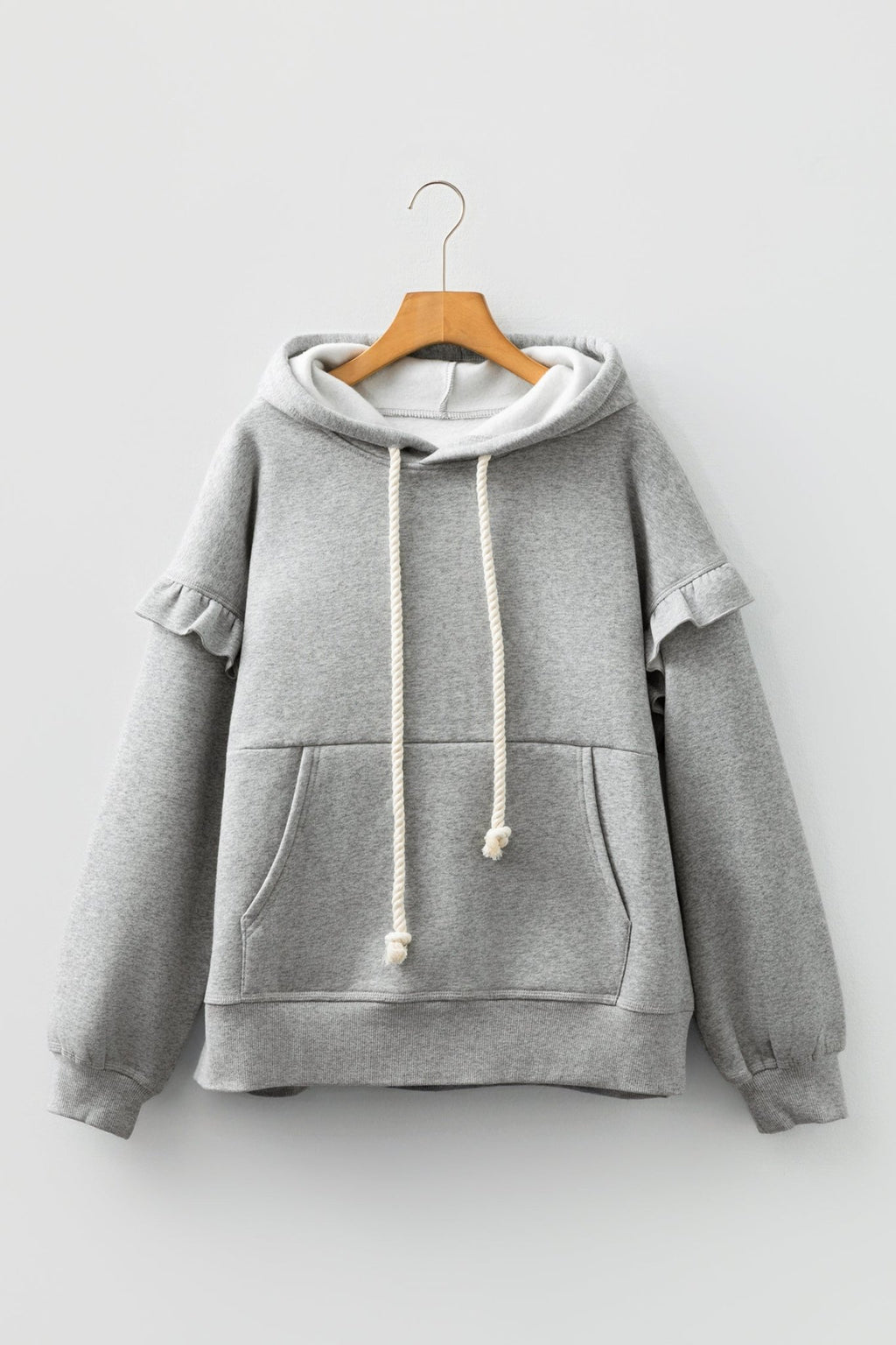 Contrast Rope Drawstring Ruffle Drop Shoulder Hoodie - Rooted & Reckless Co.