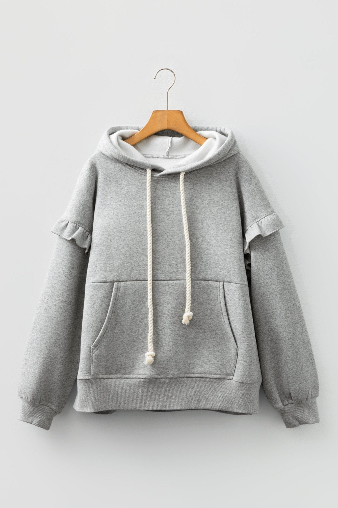 Contrast Rope Drawstring Ruffle Drop Shoulder Hoodie - Rooted & Reckless Co.
