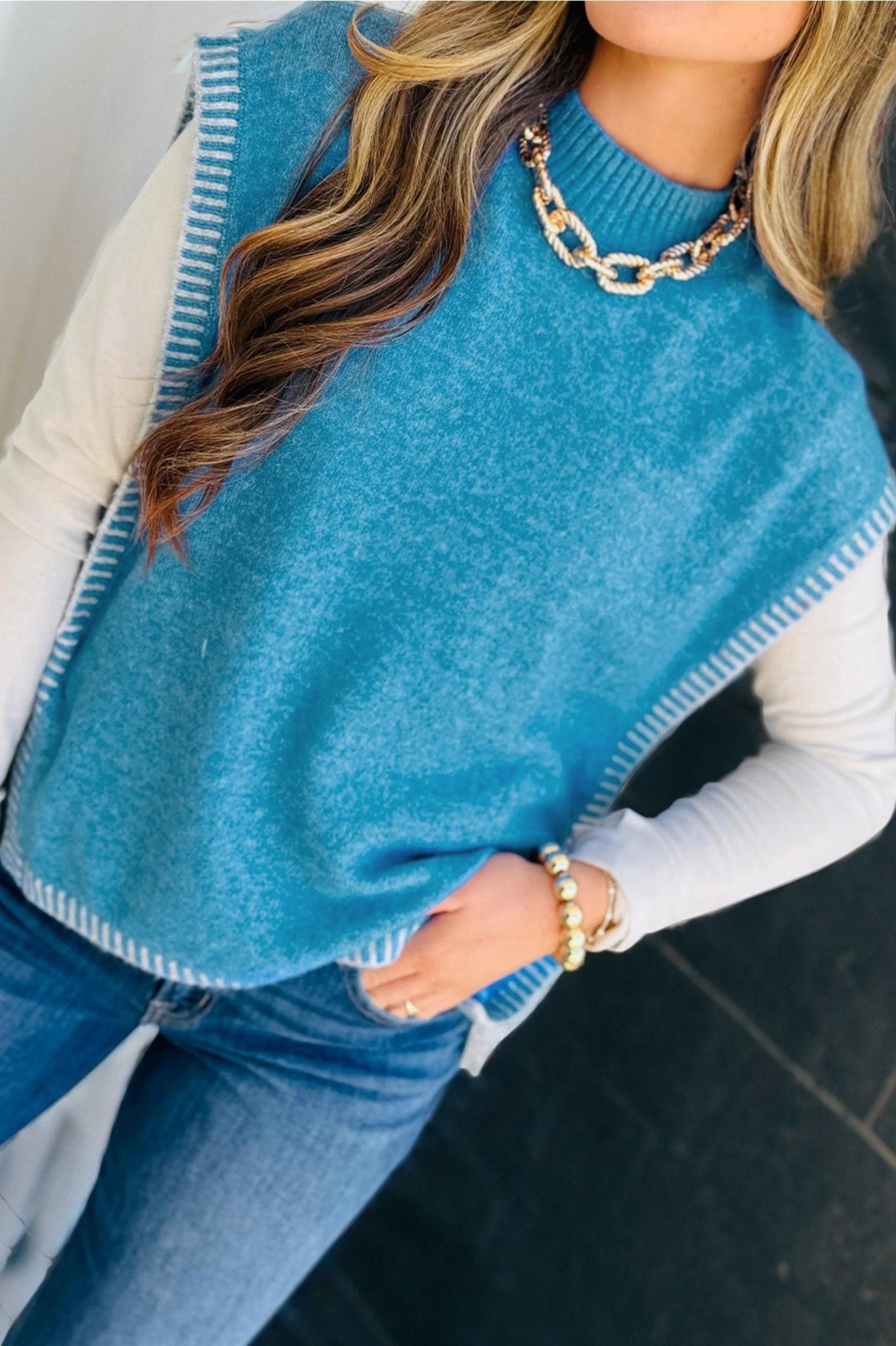 Contrast Stitch Tie Side Mock Neck Sleeveless Sweater - Rooted & Reckless Co.
