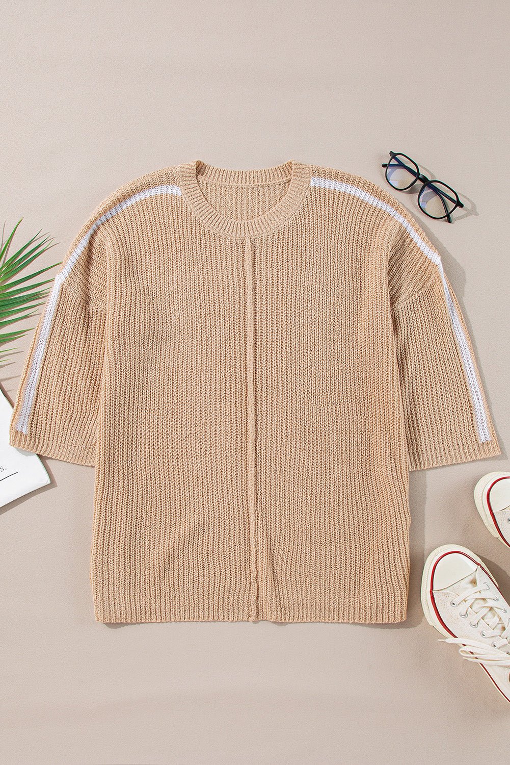 Contrast Stripe 3/4 Sleeve Crew Neck Sweater - Rooted & Reckless Co.