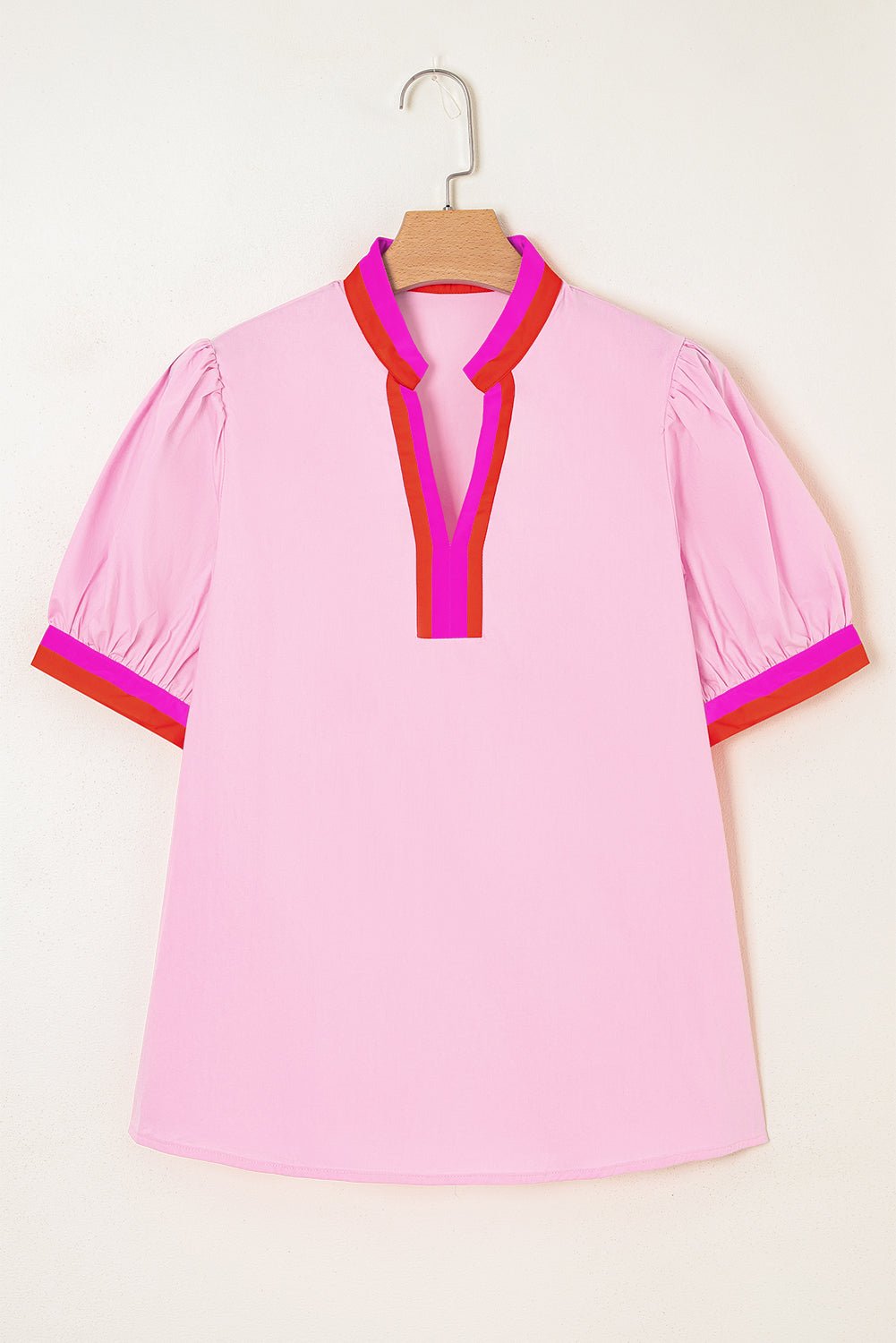 Contrast Stripe V-Neck Short Puff Sleeve Blouse - Rooted & Reckless Co.