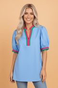 Contrast Stripe V-Neck Short Puff Sleeve Blouse - Rooted & Reckless Co.
