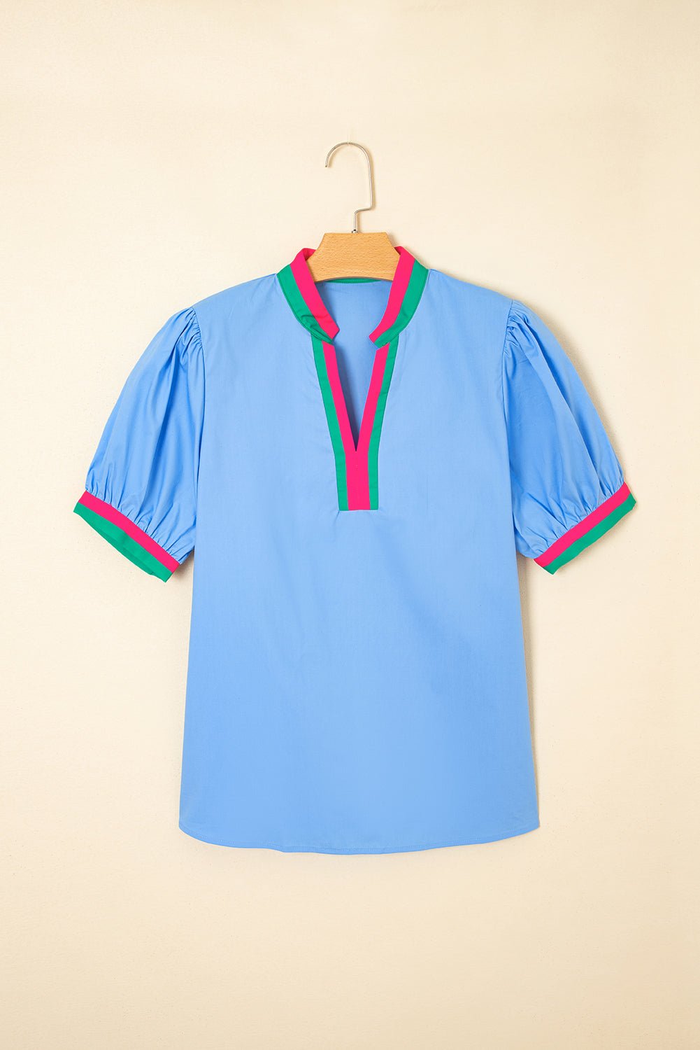 Contrast Stripe V-Neck Short Puff Sleeve Blouse - Rooted & Reckless Co.