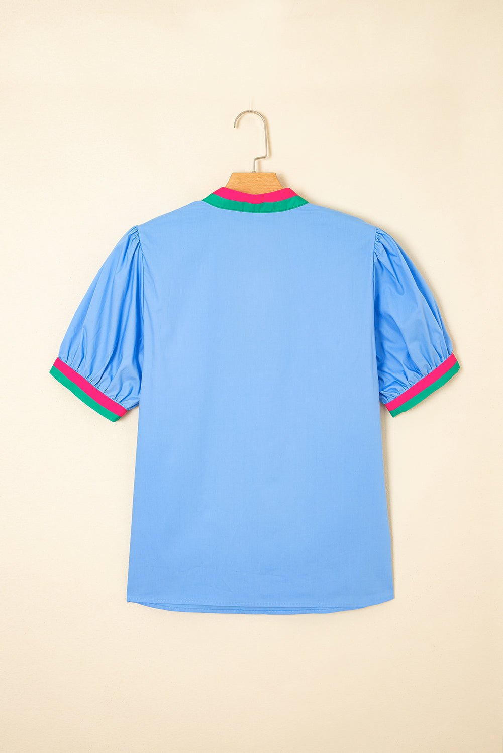 Contrast Stripe V-Neck Short Puff Sleeve Blouse - Rooted & Reckless Co.
