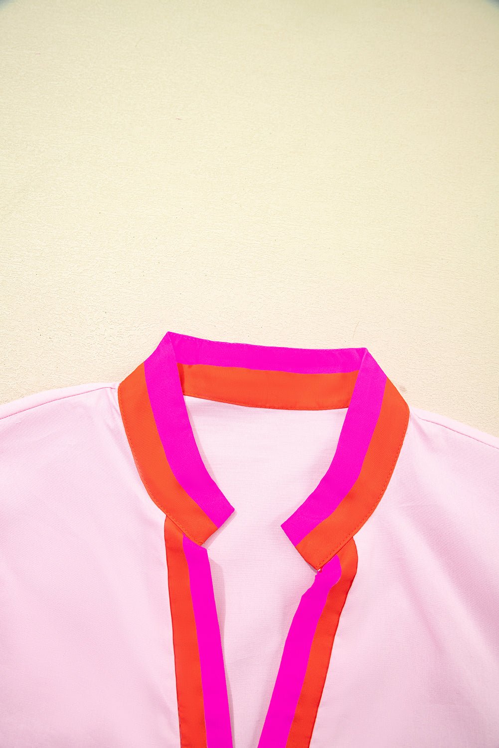Contrast Stripe V-Neck Short Puff Sleeve Blouse - Rooted & Reckless Co.