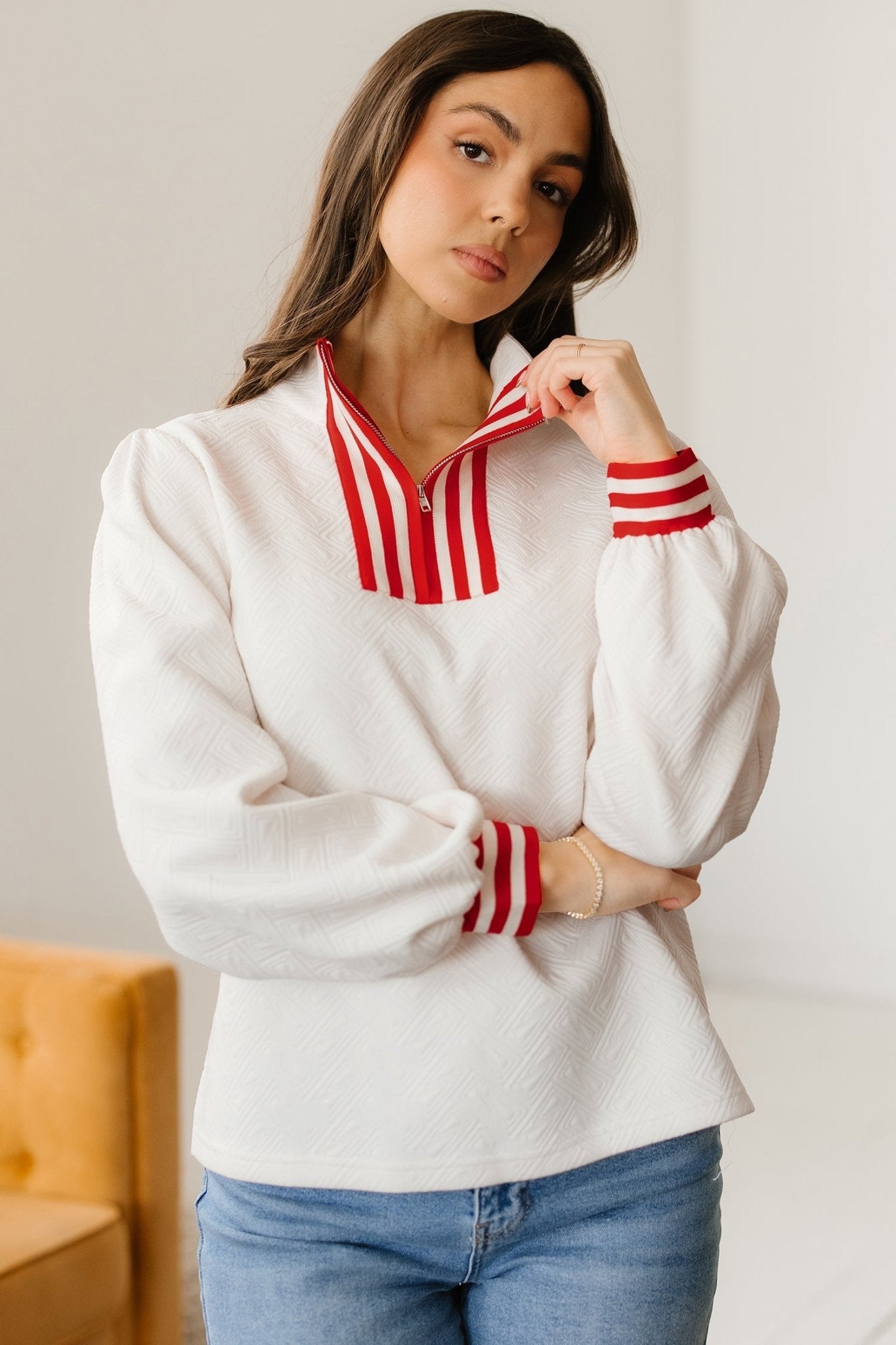 Contrast Stripe Zipped Collar Knit Pullover Top - Rooted & Reckless Co.