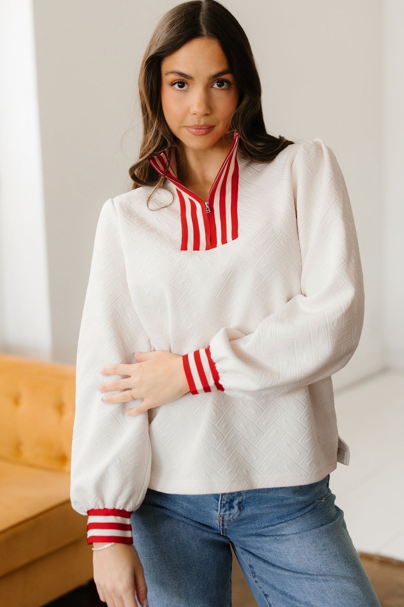 Contrast Stripe Zipped Collar Knit Pullover Top - Rooted & Reckless Co.