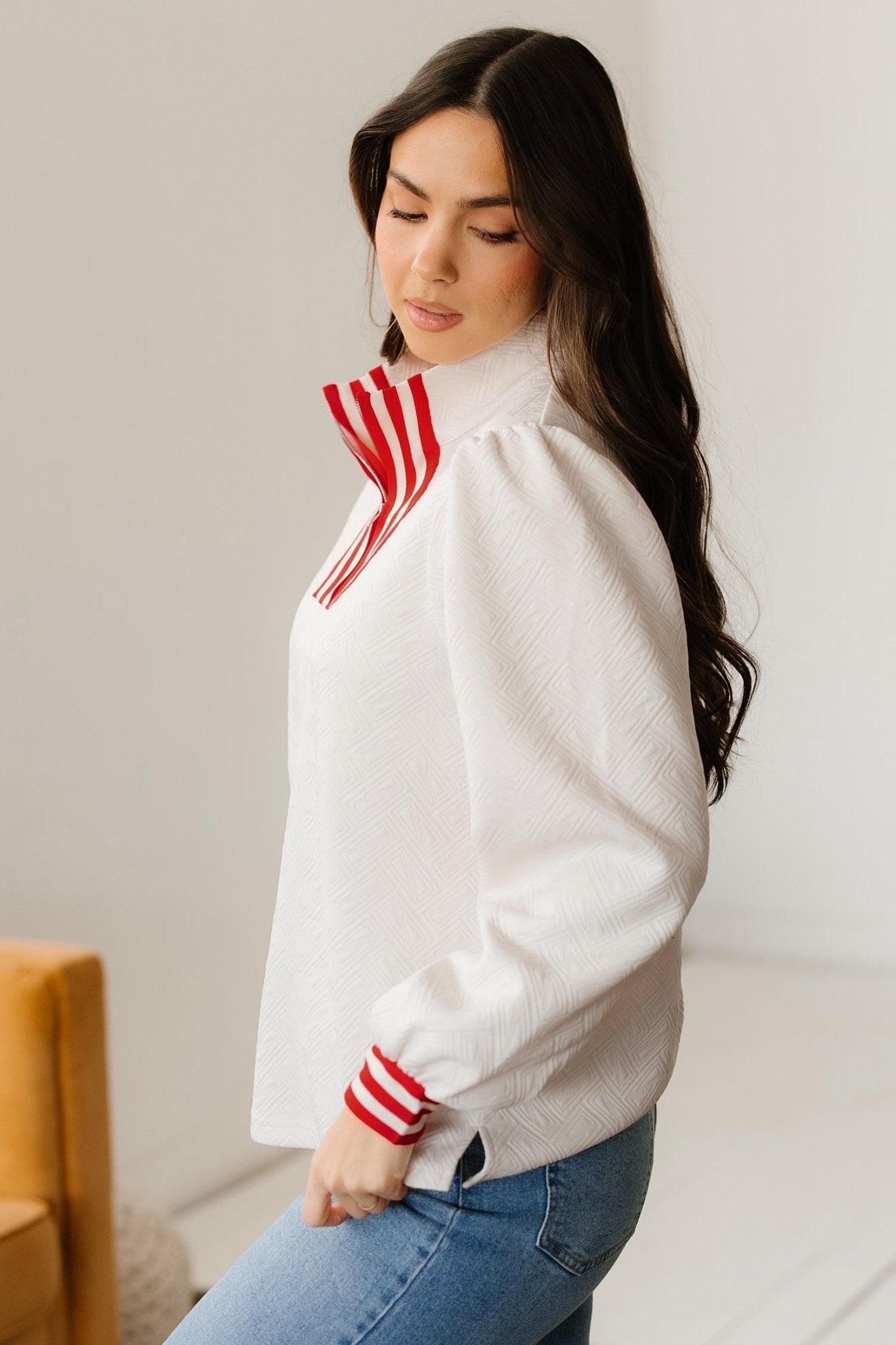 Contrast Stripe Zipped Collar Knit Pullover Top - Rooted & Reckless Co.