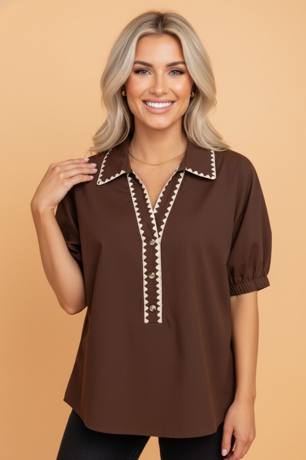 Contrast Trim Button V-Neck Short Sleeve Blouse - Rooted & Reckless Co.