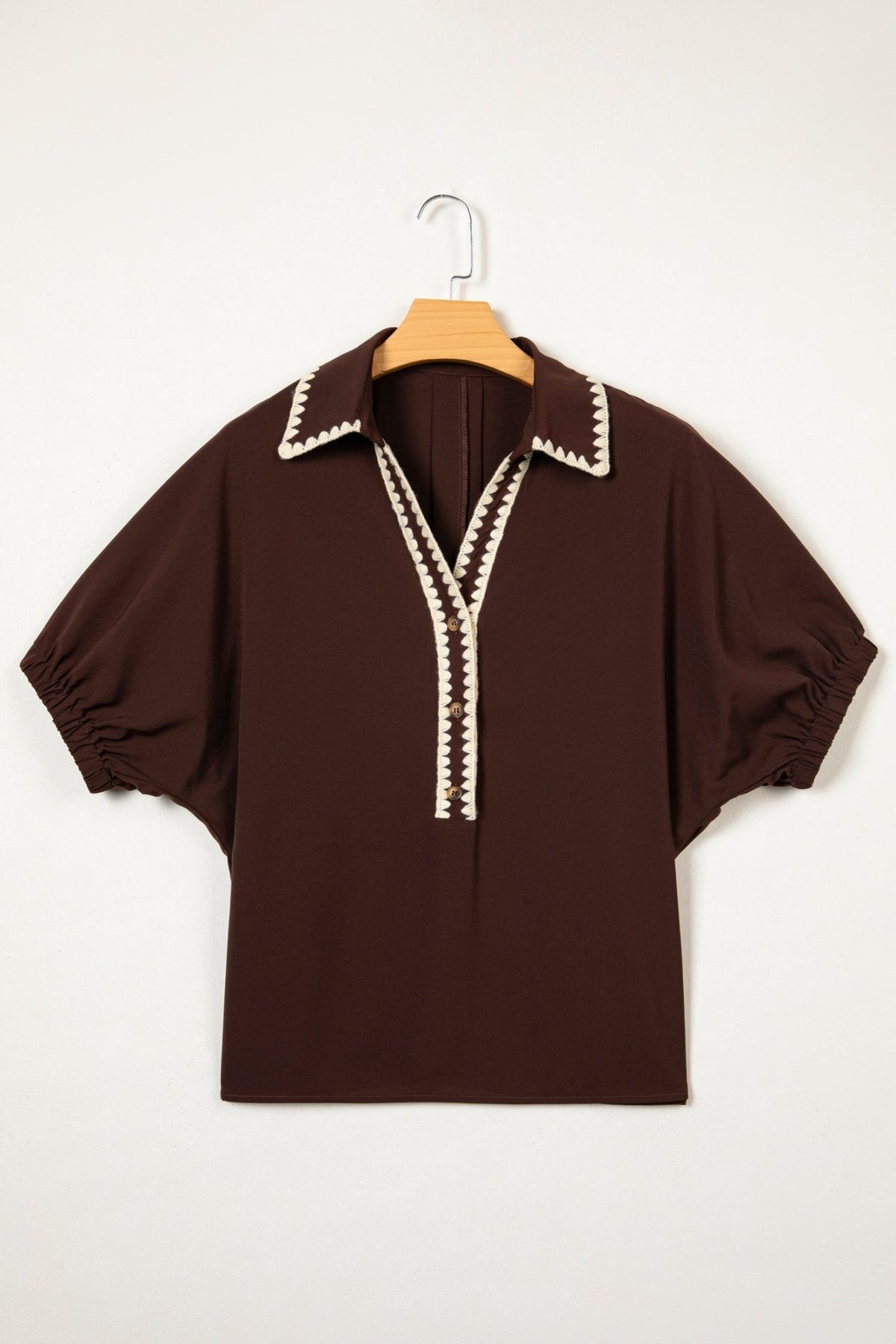 Contrast Trim Button V-Neck Short Sleeve Blouse - Rooted & Reckless Co.