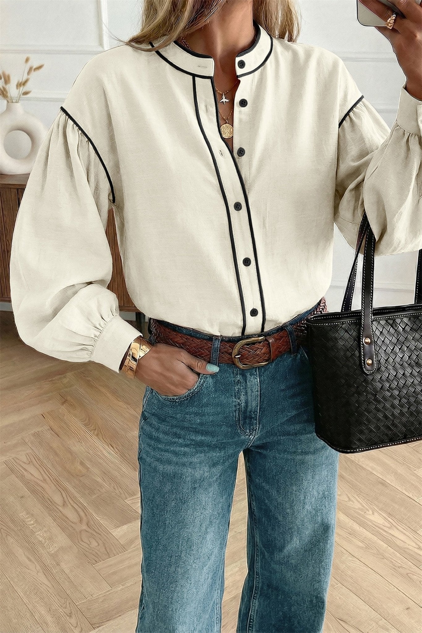 Contrast Trim Buttoned Long Puff Sleeve Shirt - Rooted & Reckless Co.