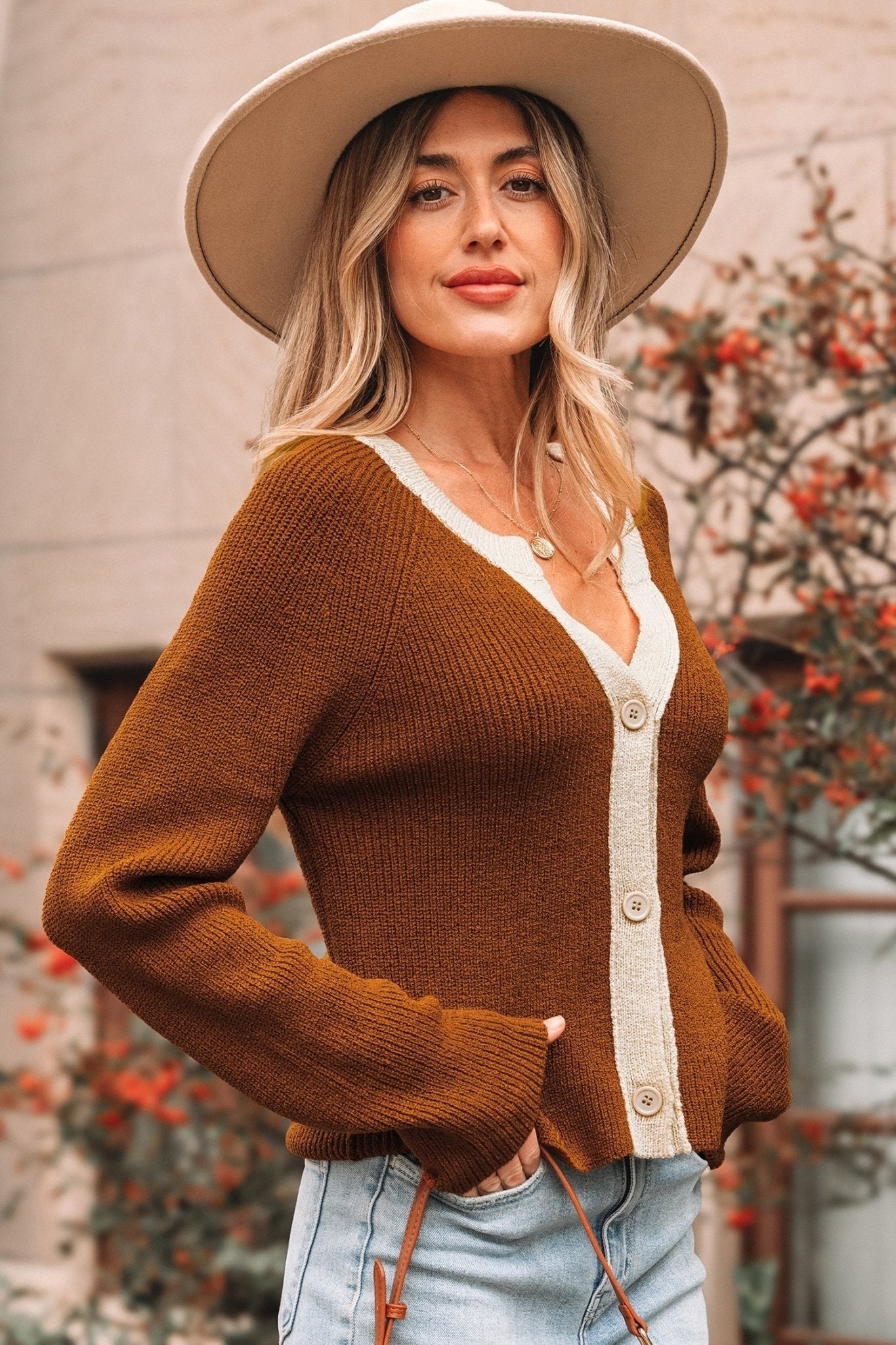 Contrast Trim Buttoned V-Neck Cropped Cardigan - Rooted & Reckless Co.