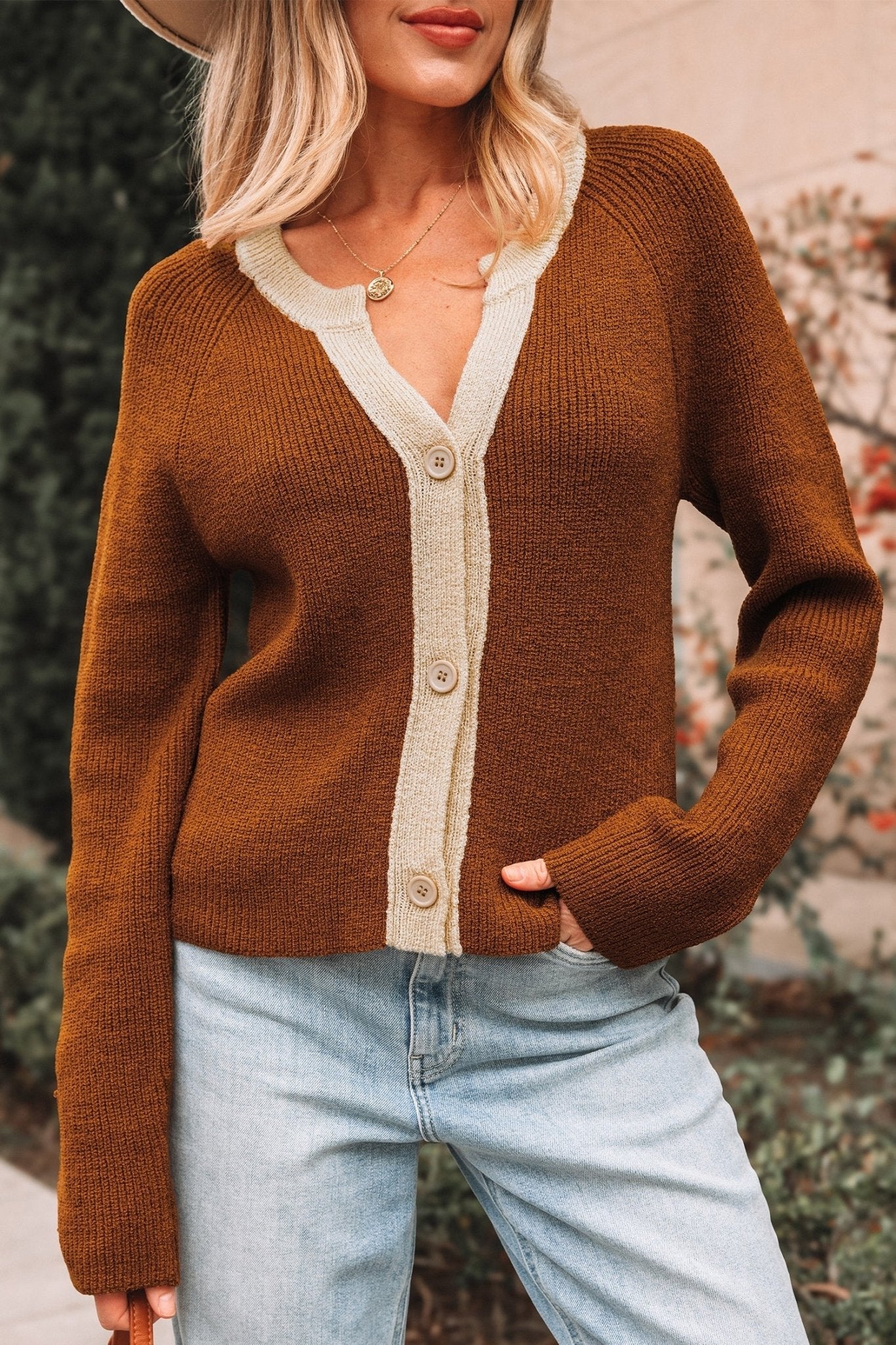 Contrast Trim Buttoned V-Neck Cropped Cardigan - Rooted & Reckless Co.