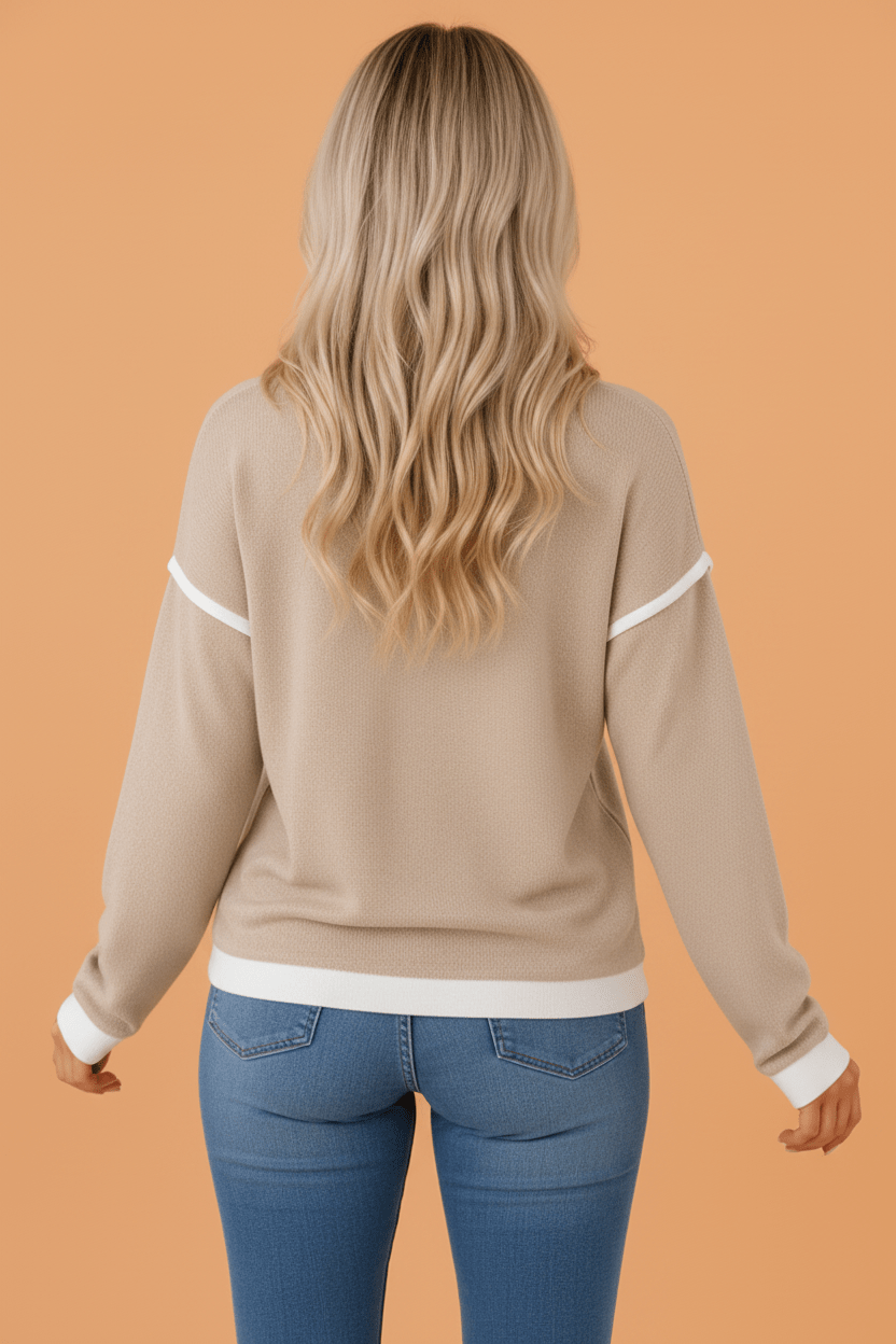 Contrast Trim Drop Shoulder Long Sleeve Knit Top - Rooted & Reckless Co.