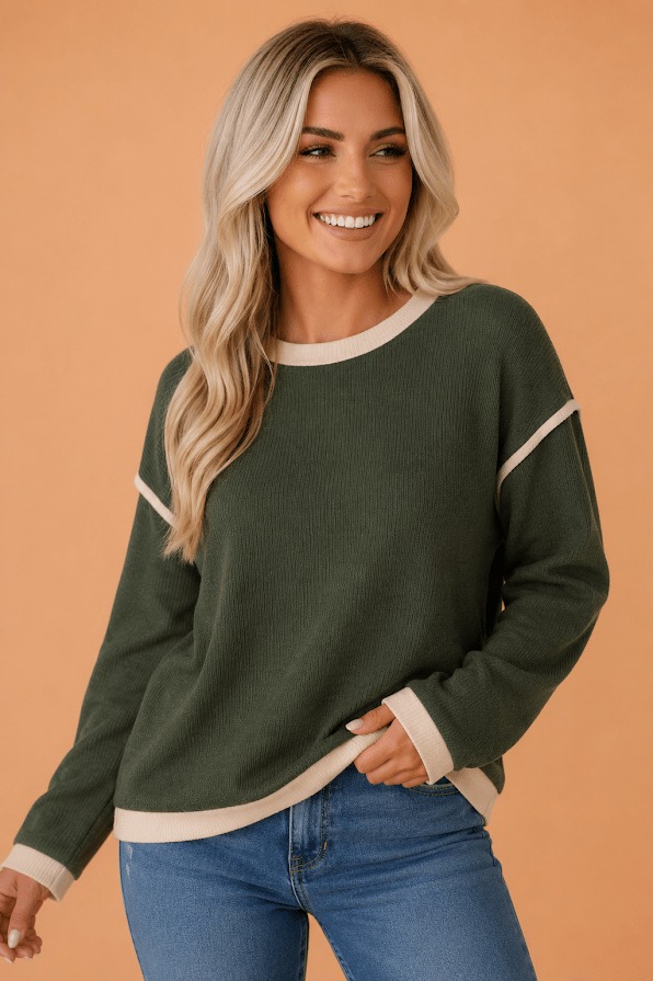 Contrast Trim Drop Shoulder Long Sleeve Knit Top - Rooted & Reckless Co.
