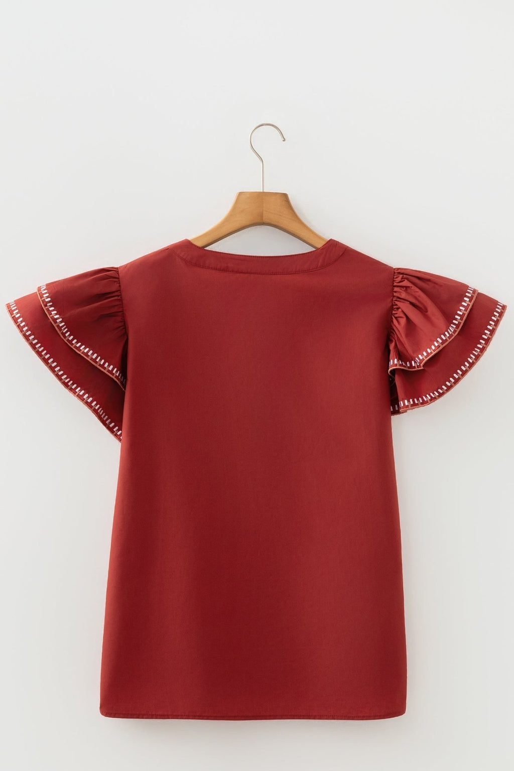 Contrast Trim Flutter Sleeve V-Neck Blouse - Rooted & Reckless Co.