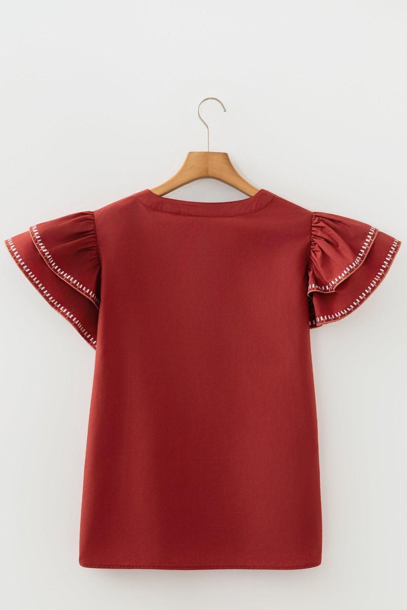 Contrast Trim Flutter Sleeve V-Neck Blouse - Rooted & Reckless Co.