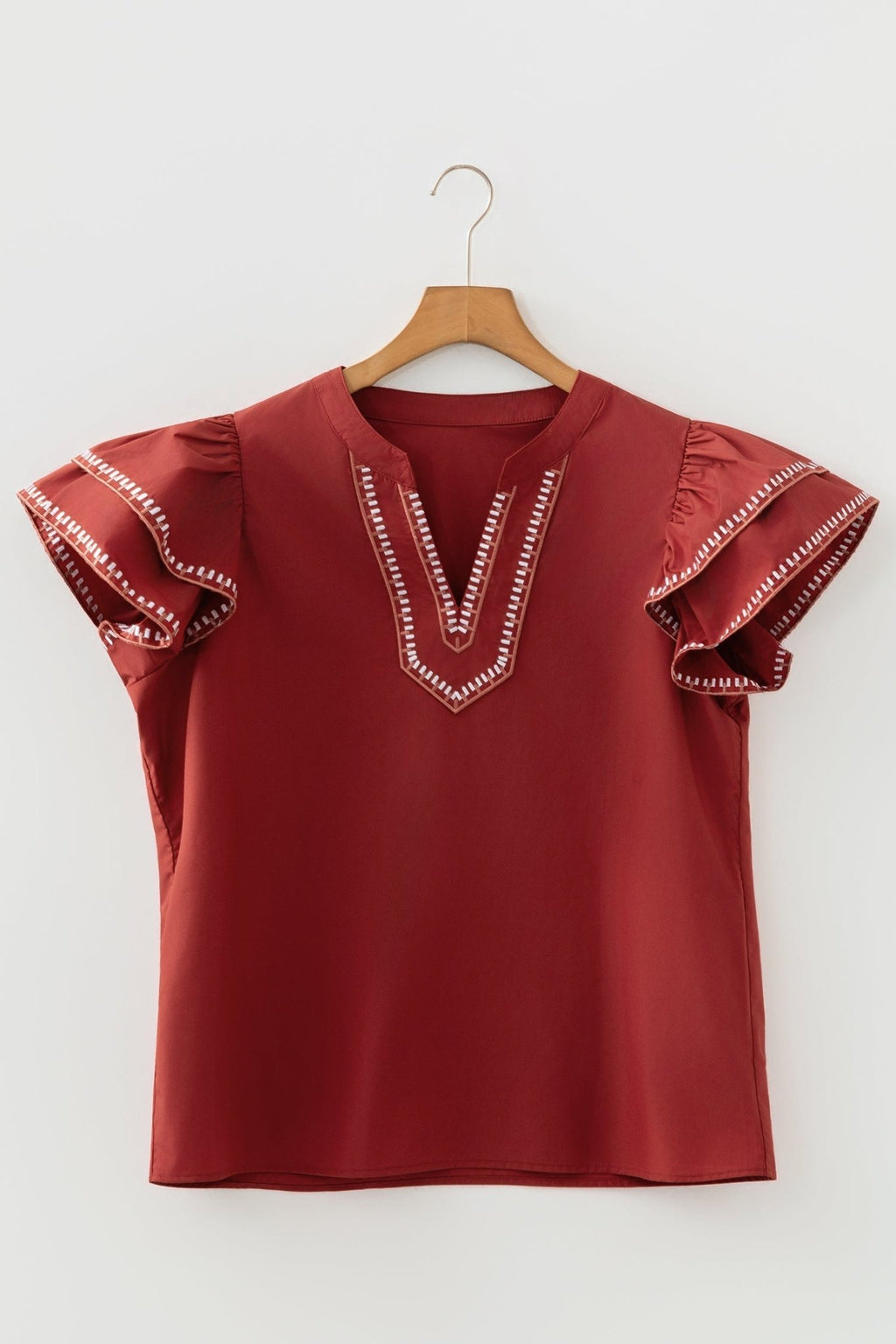 Contrast Trim Flutter Sleeve V-Neck Blouse - Rooted & Reckless Co.