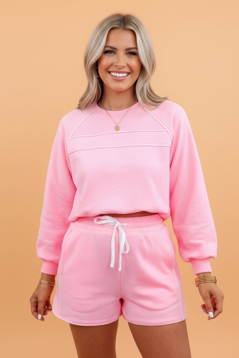 Contrast Trim Long Sleeve Pullover & Shorts Set - Rooted & Reckless Co.