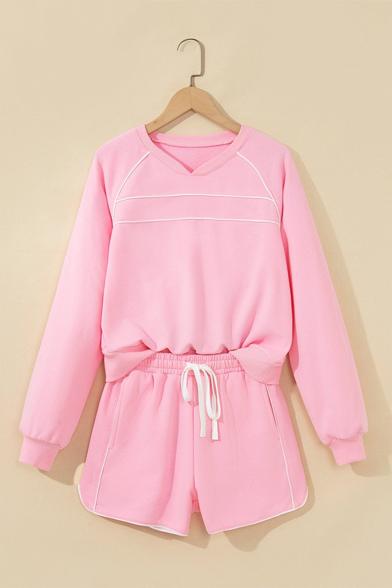 Contrast Trim Long Sleeve Pullover & Shorts Set - Rooted & Reckless Co.