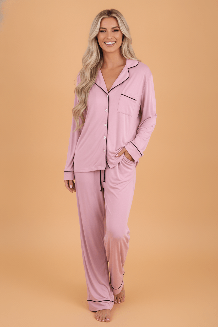 Contrast Trim Long Sleeve Top & Pants Pajama Set - Rooted & Reckless Co.