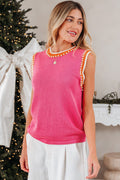 Contrast Trim Pearl Crewneck Sweater Top - Rooted & Reckless Co.