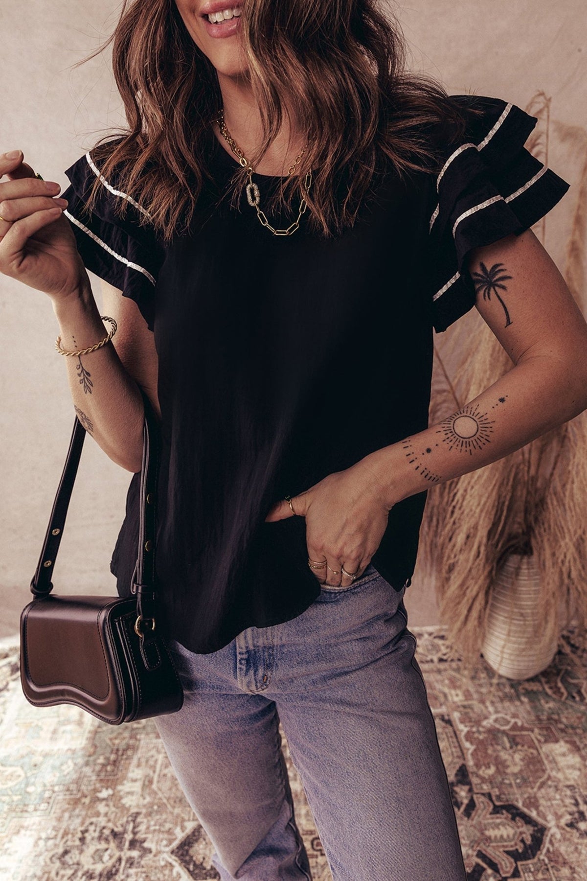 Contrast Trim Ruffle Short Sleeve Blouse - Rooted & Reckless Co.