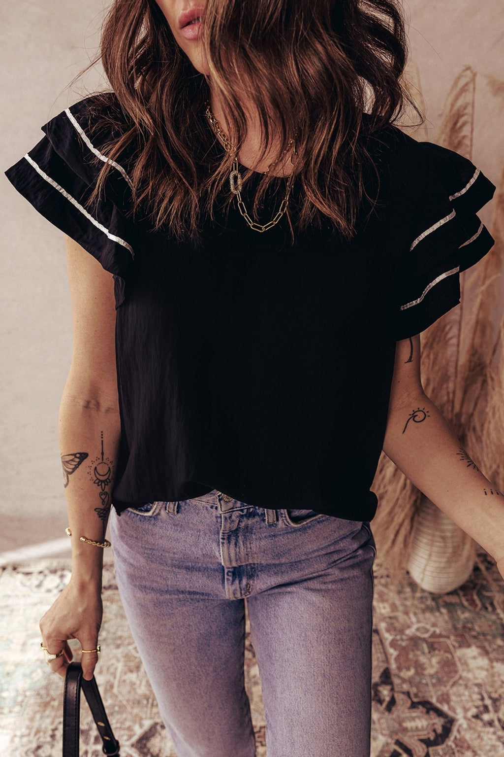 Contrast Trim Ruffle Short Sleeve Blouse - Rooted & Reckless Co.