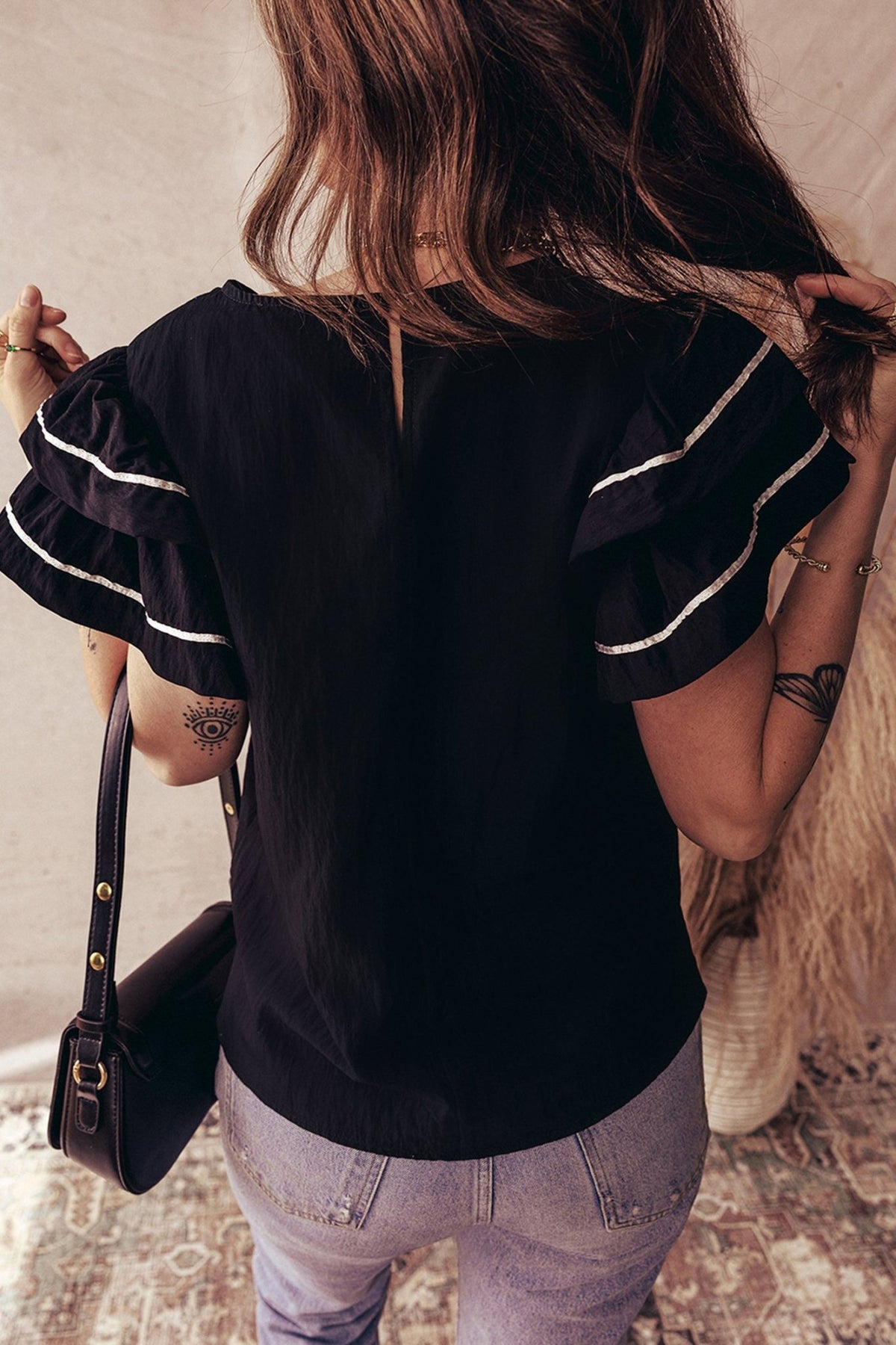Contrast Trim Ruffle Short Sleeve Blouse - Rooted & Reckless Co.