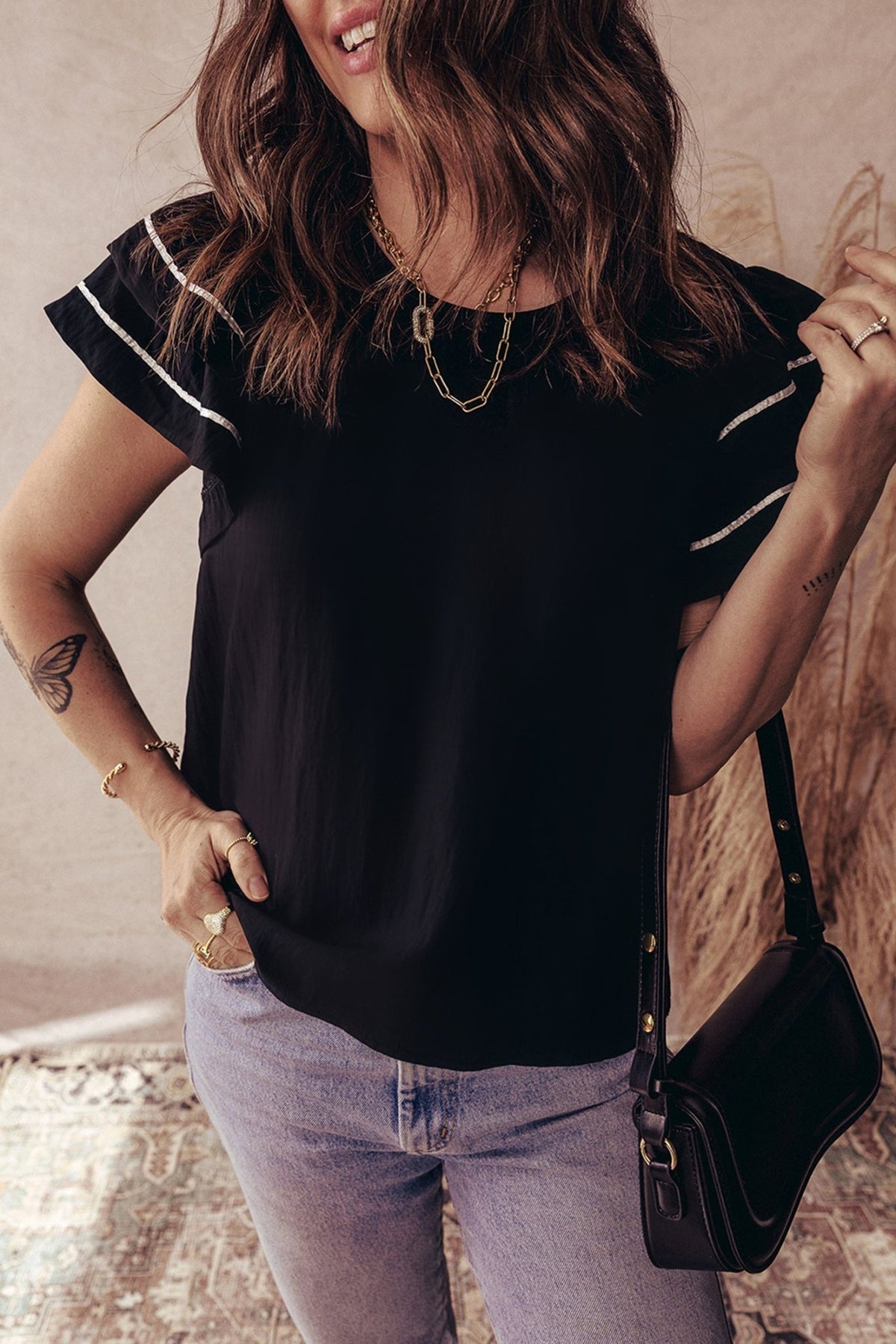 Contrast Trim Ruffle Short Sleeve Blouse - Rooted & Reckless Co.