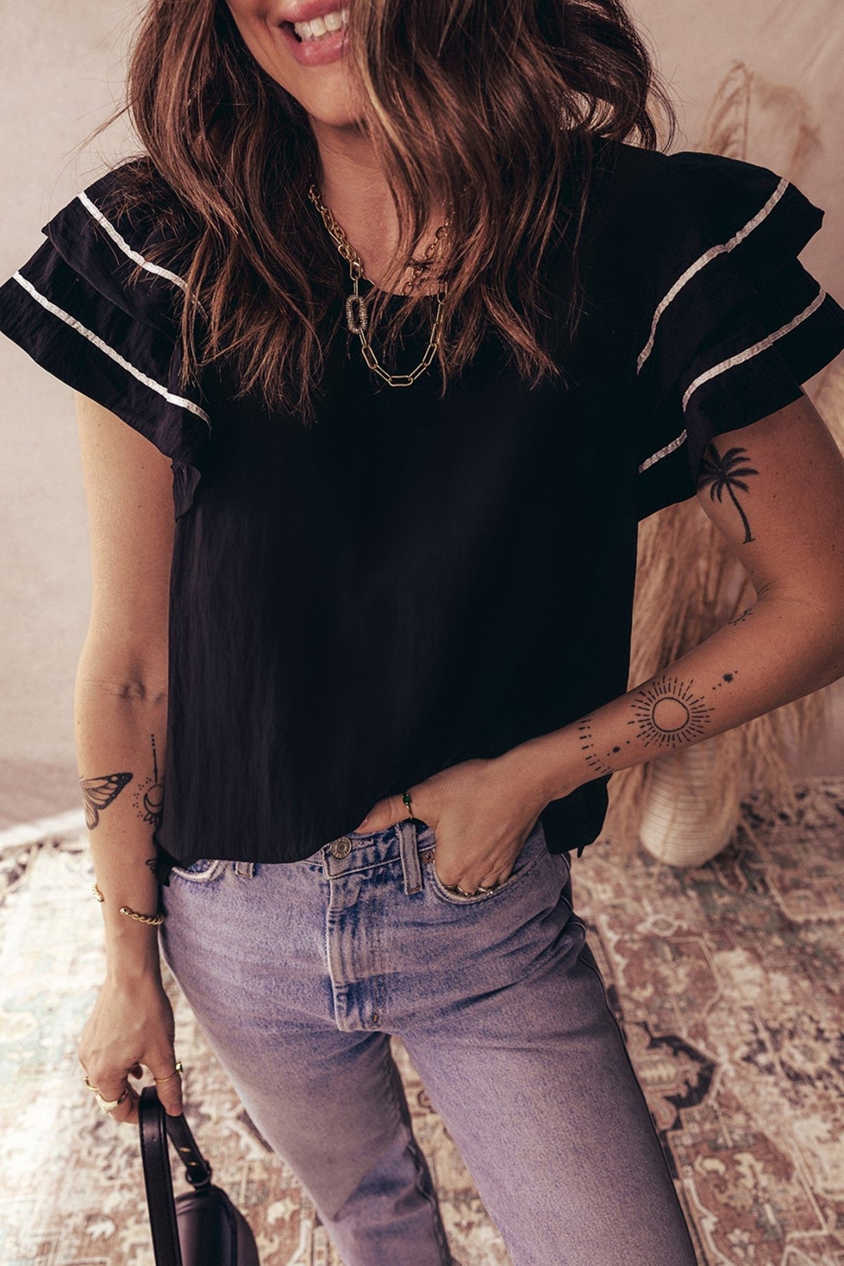 Contrast Trim Ruffle Short Sleeve Blouse - Rooted & Reckless Co.