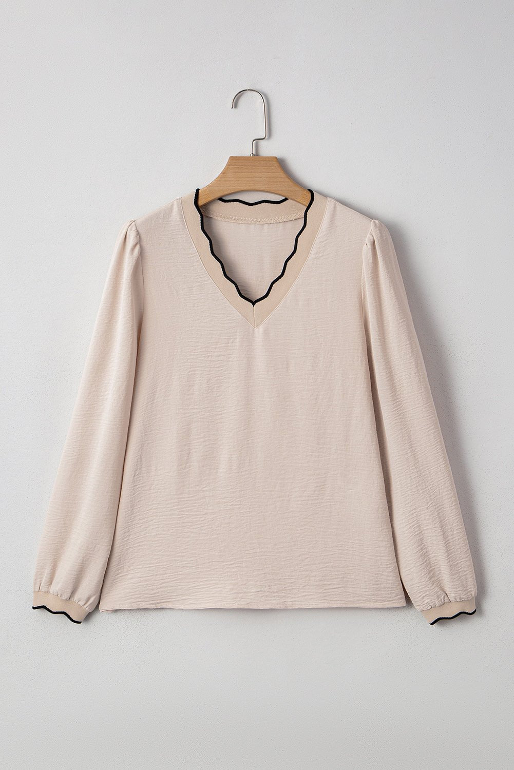 Contrast Trim Scallop V-Neck Long Sleeve Blouse - Rooted & Reckless Co.