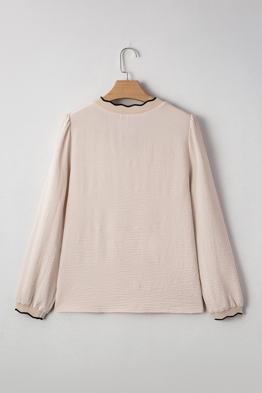 Contrast Trim Scallop V-Neck Long Sleeve Blouse - Rooted & Reckless Co.