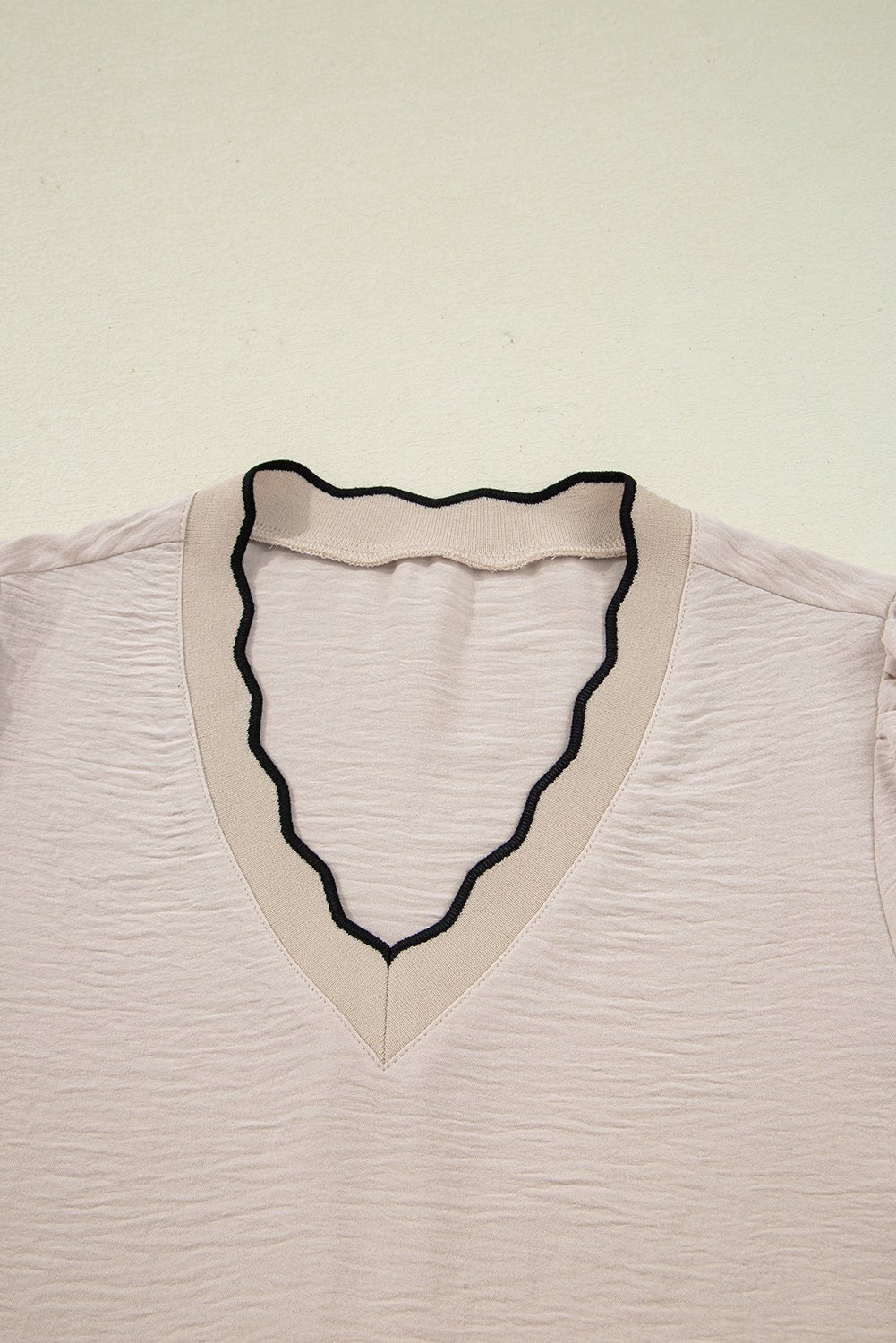 Contrast Trim Scallop V-Neck Long Sleeve Blouse - Rooted & Reckless Co.