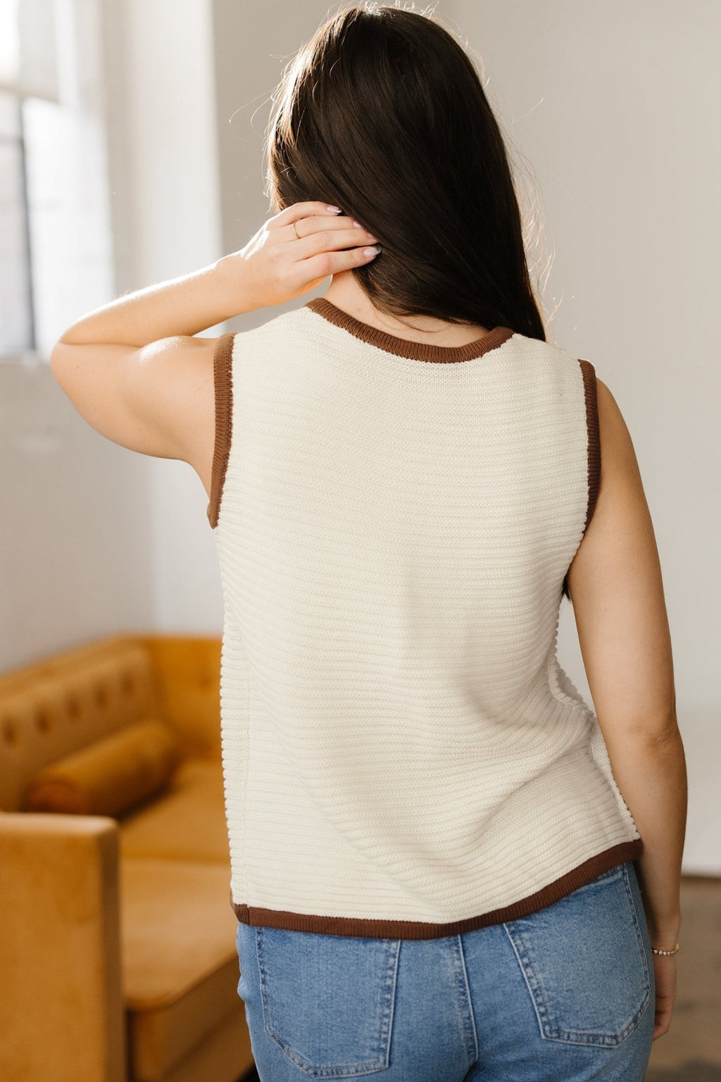 Contrast Trim Tie Front Ribbed Knit Sweater Vest - Rooted & Reckless Co.
