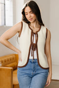 Contrast Trim Tie Front Ribbed Knit Sweater Vest - Rooted & Reckless Co.